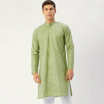 Men Green Embroidered Mirror Work Pure Cotton Kurtas