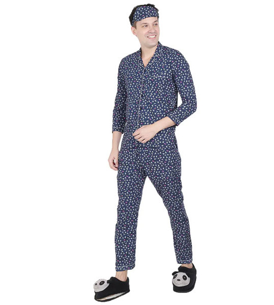 Men Navy Blue Printed Sleepwear Set
